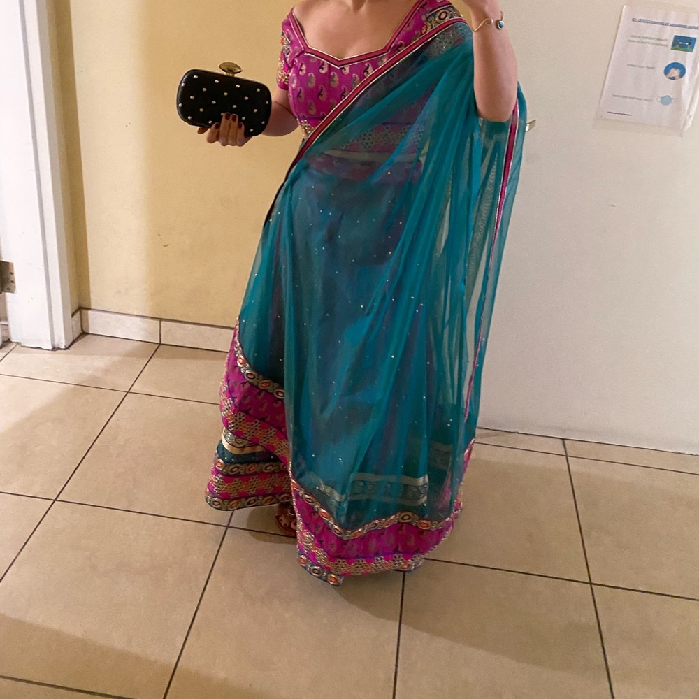 Saree lehenga Indian wedding 3 piece outfit skirt pink/green size small